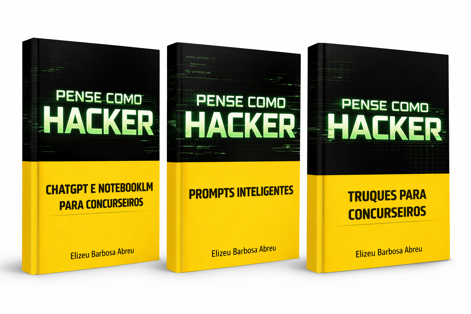Mockup dos 3 e-books Pense Como Hacker